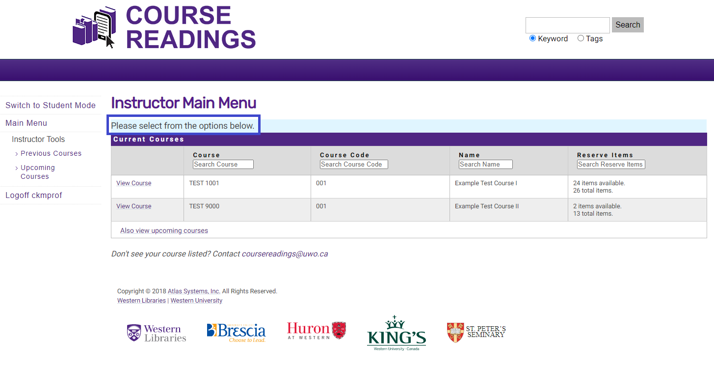 The "Course Readings" Instructor main menu